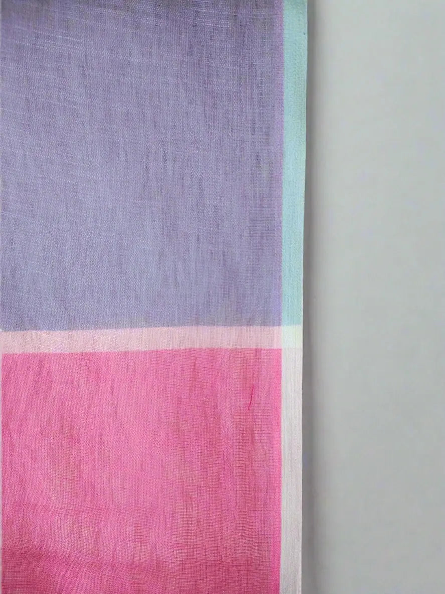Linen Cotton Saree - Pastel Multicolour and Checkered Pattern - Soft Linen Saree