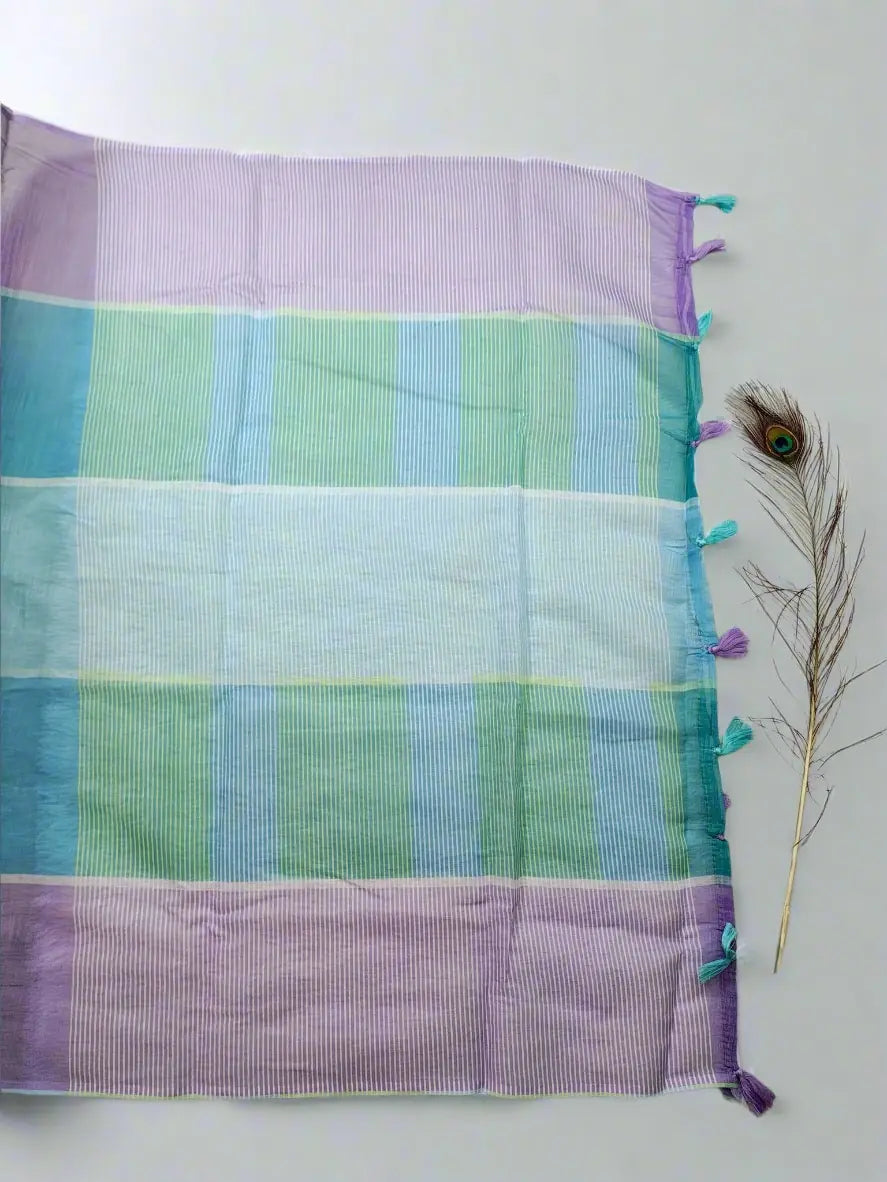 Linen Cotton Saree - Pastel Multicolour and Checkered Pattern - Soft Linen Saree