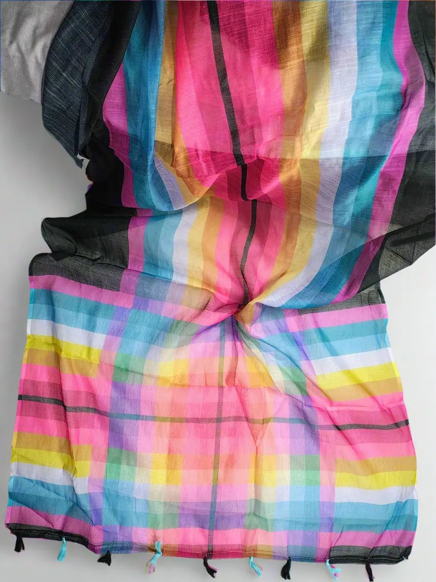 Linen Cotton Saree – Multicolour Striped Design with Black Border & Checkered Pallu