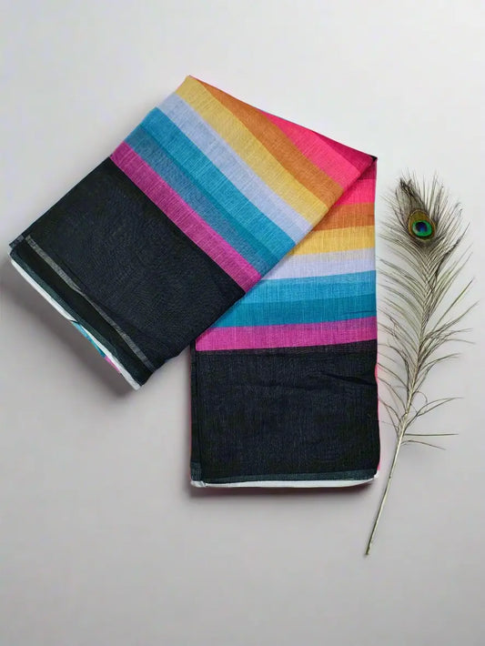 Linen Cotton Saree – Multicolour Striped Design with Black Border & Checkered Pallu