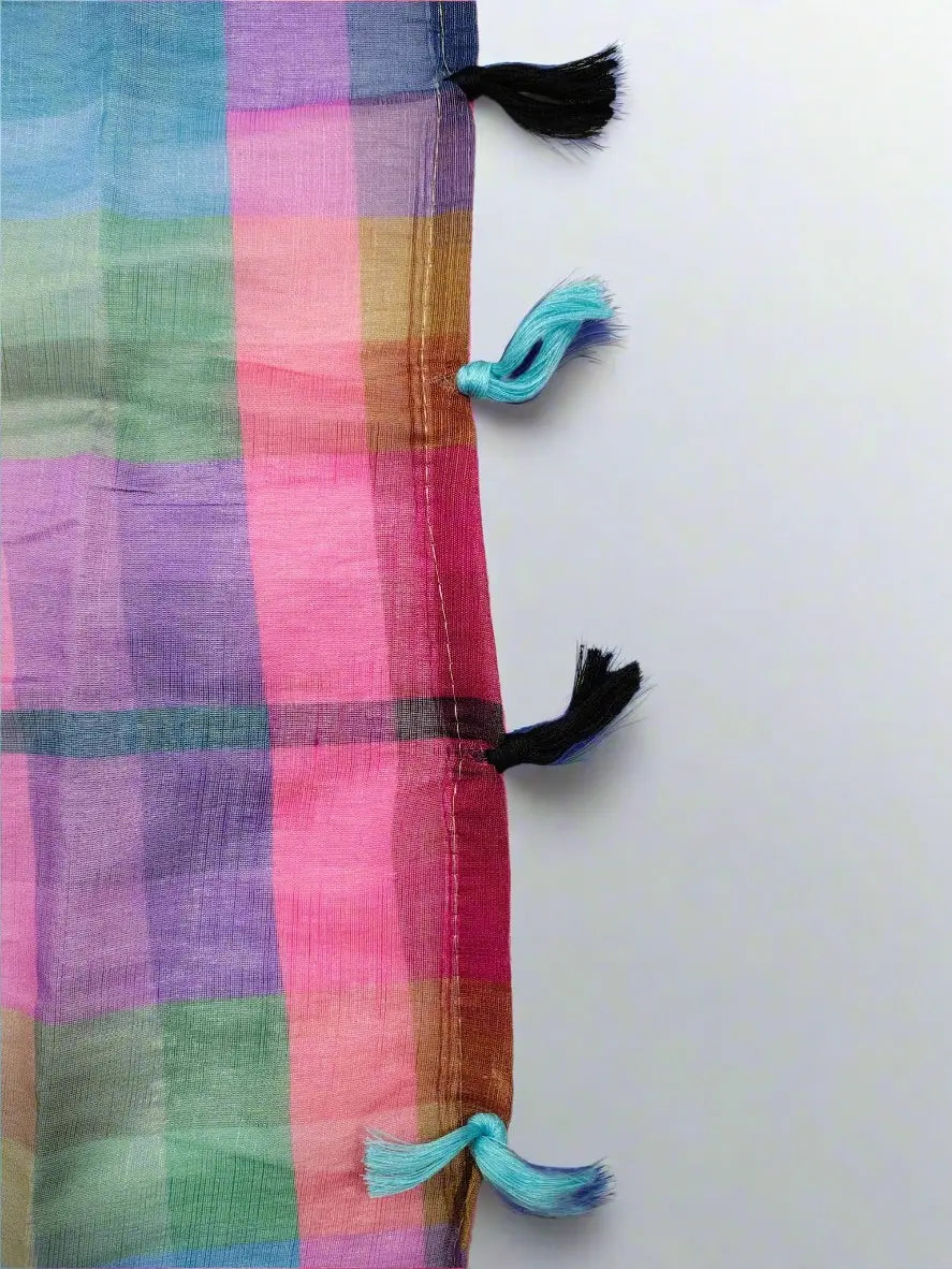 Linen Cotton Saree – Multicolour Striped Design with Black Border & Checkered Pallu