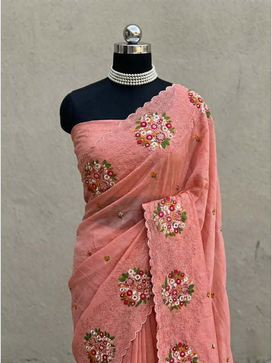 The Coral Pink Saree with Meticulous Embroidery Work