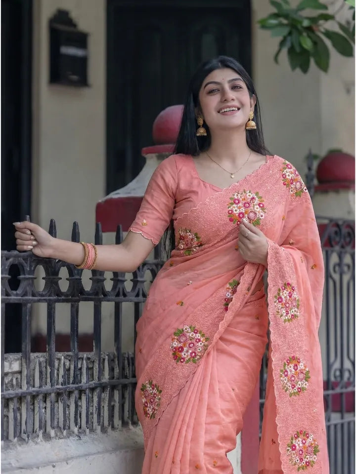 The Coral Pink Saree with Meticulous Embroidery Work