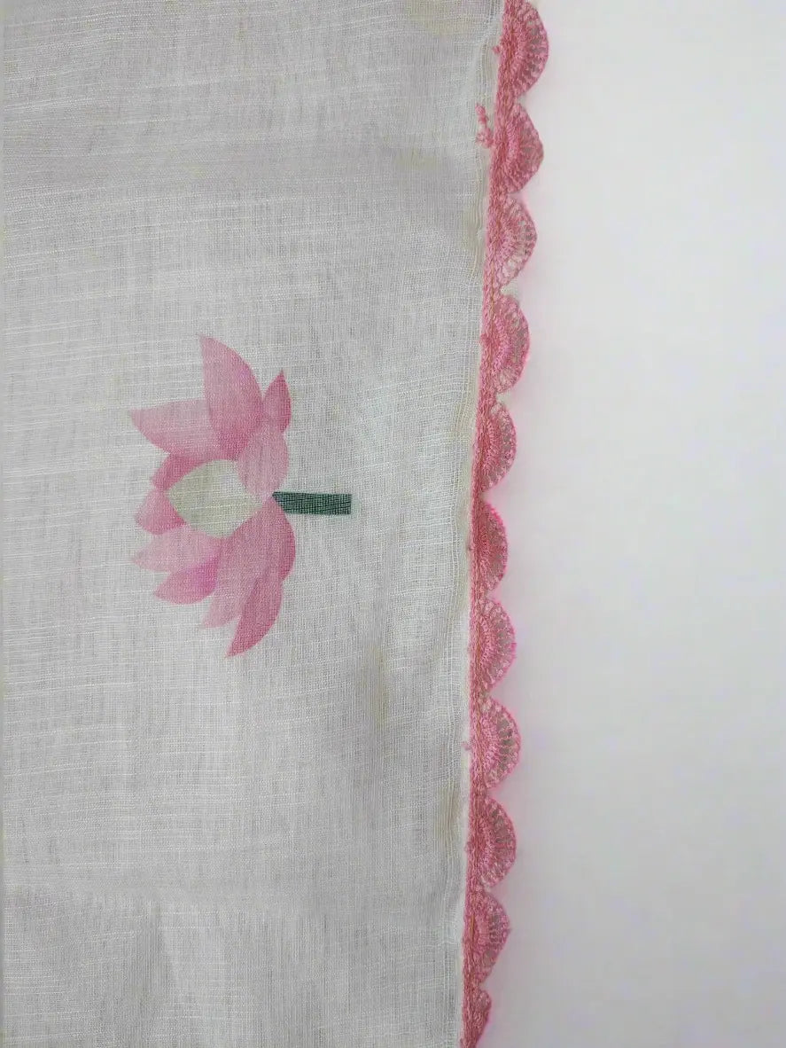 Linen Cotton Saree with Lotus Print & Scalloped Border – White & Pink Soft Linen Saree