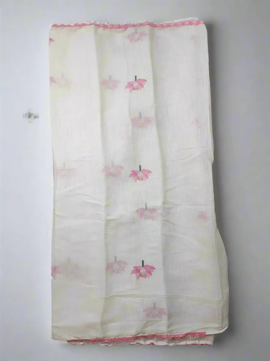 Linen Cotton Saree with Lotus Print & Scalloped Border – White & Pink Soft Linen Saree