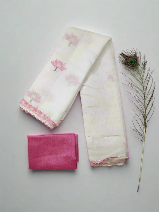 Linen Cotton Saree with Lotus Print & Scalloped Border – White & Pink Soft Linen Saree