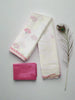 Linen Cotton Saree with Lotus Print & Scalloped Border – White & Pink Soft Linen Saree