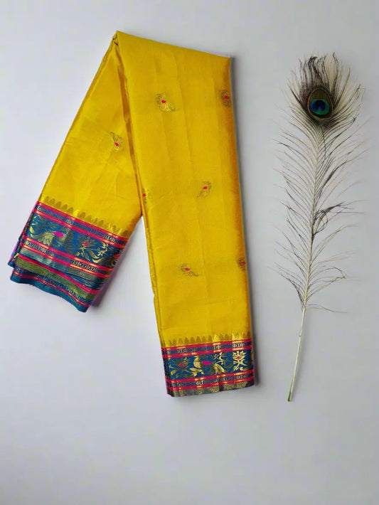 Paithani Silk Saree - Yellow with Paisley Motifs & Zari Border