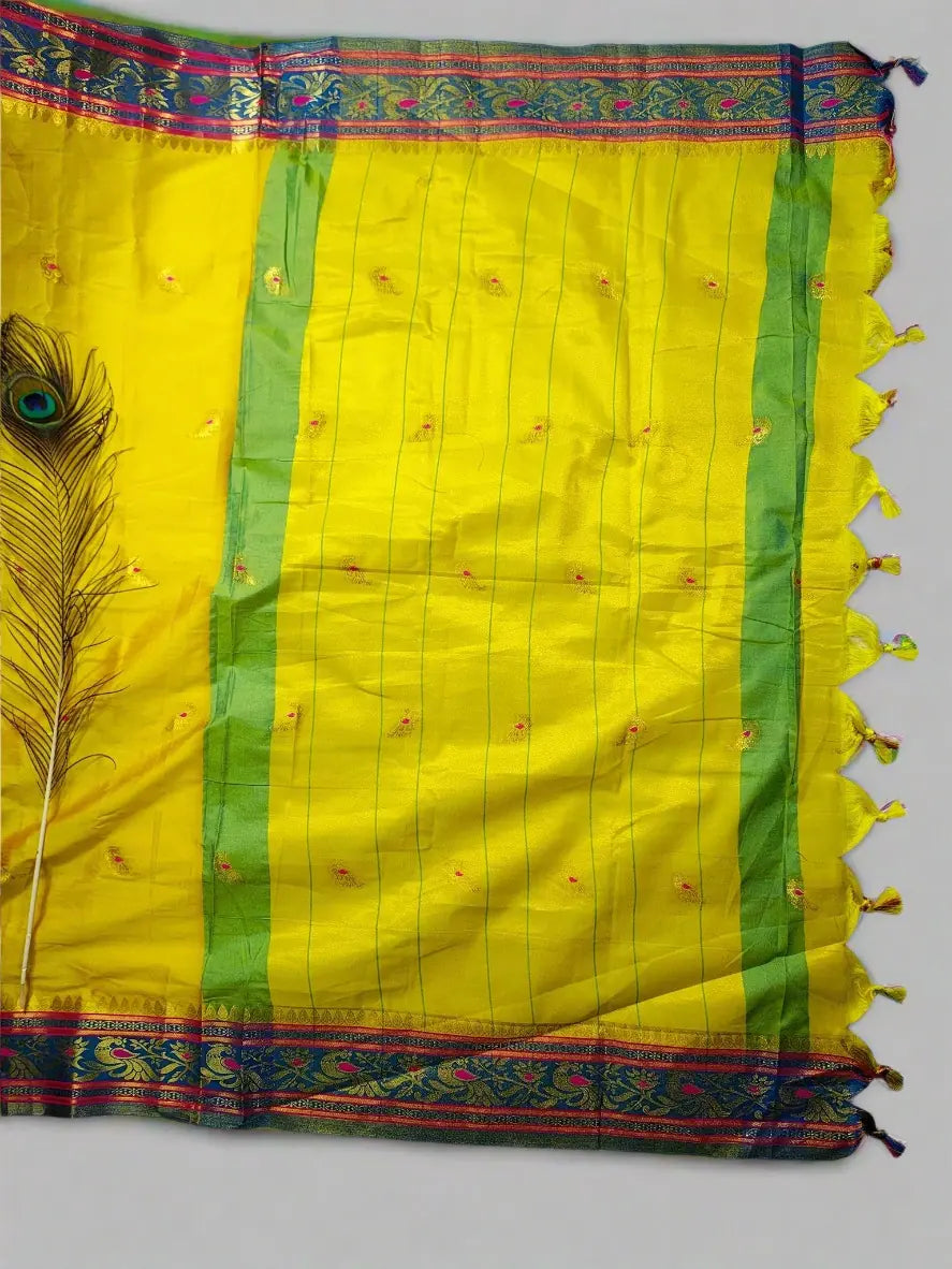 Paithani Silk Saree - Yellow with Paisley Motifs & Zari Border