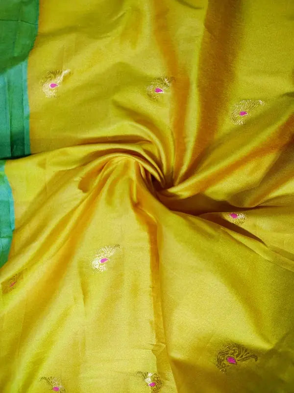 Paithani Silk Saree - Yellow with Paisley Motifs & Zari Border