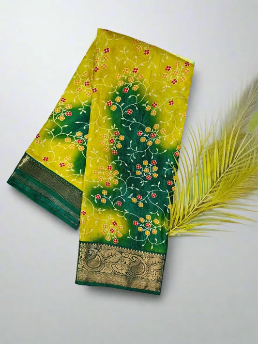 Bandhani Saree - Yellow & Green Bandhej with Floral Print