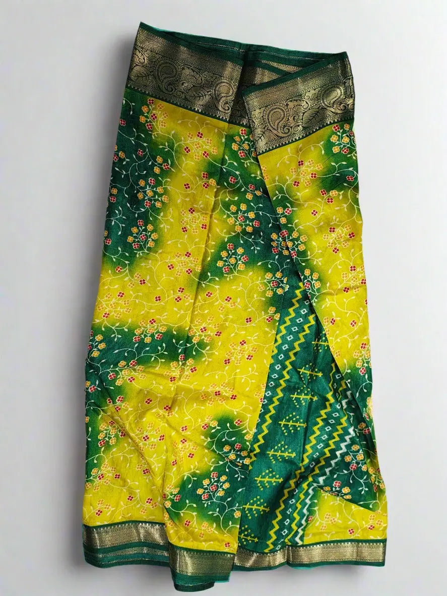 Bandhani Saree - Yellow & Green Bandhej with Floral Print