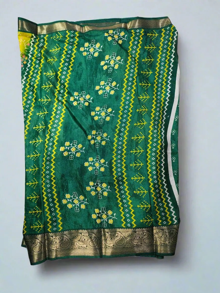 Bandhani Saree - Yellow & Green Bandhej with Floral Print