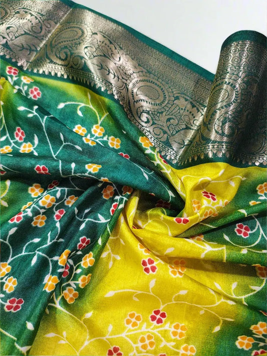 Bandhani Saree - Yellow & Green Bandhej with Floral Print