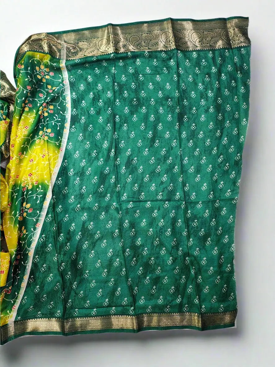 Bandhani Saree - Yellow & Green Bandhej with Floral Print