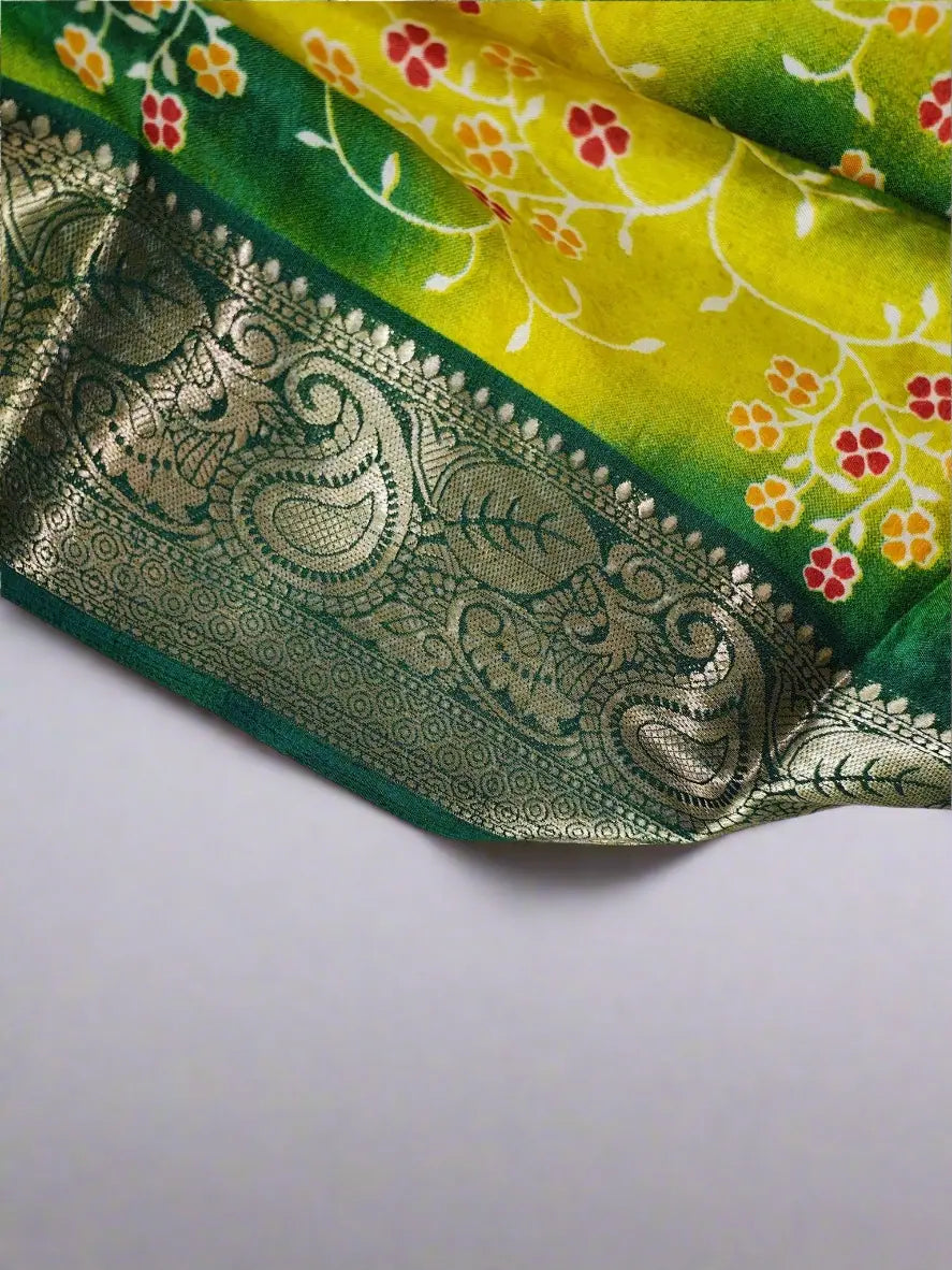 Bandhani Saree - Yellow & Green Bandhej with Floral Print