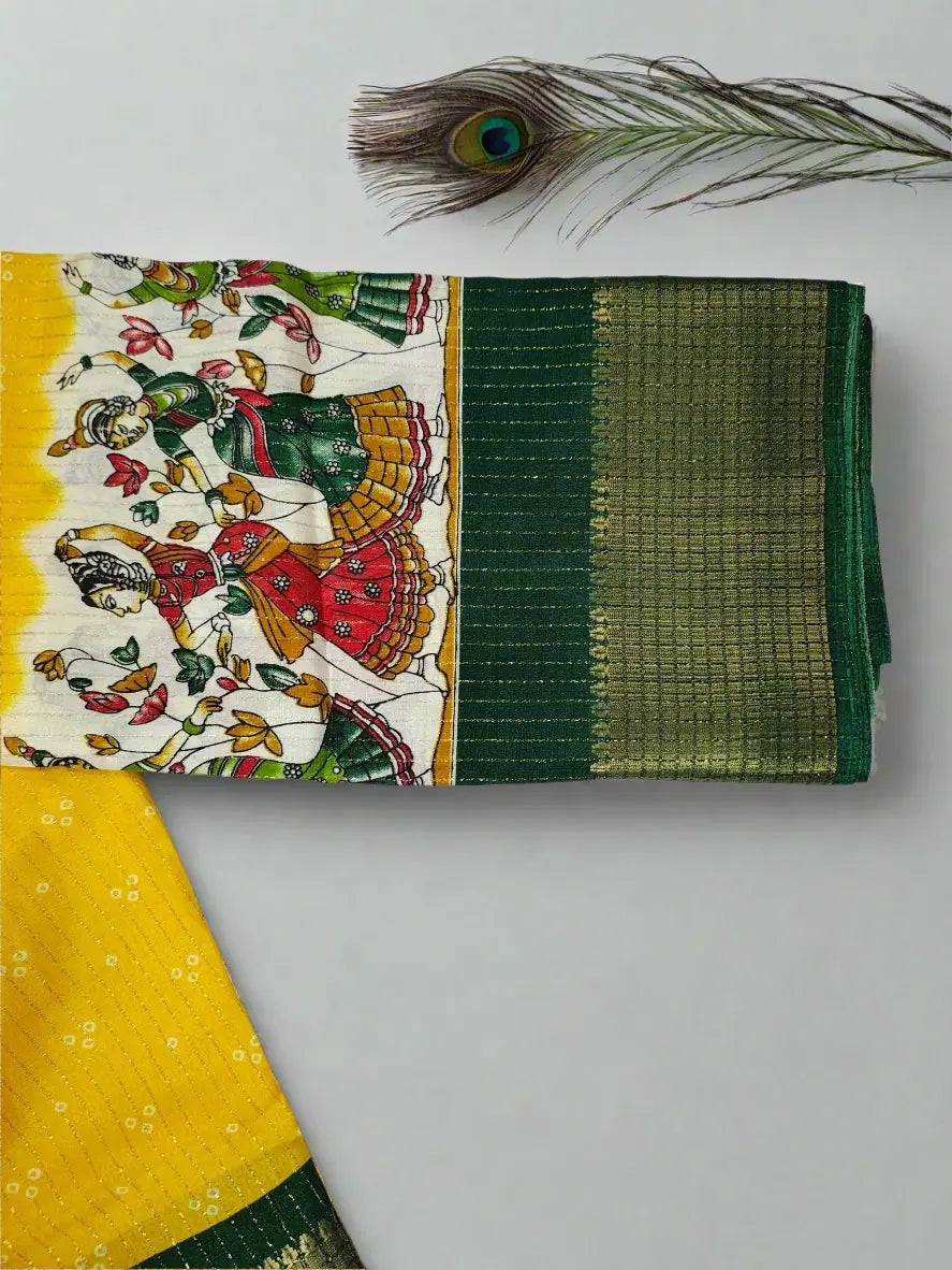 Madhubani Saree - Yellow saree with Madhubani Folk Art Print