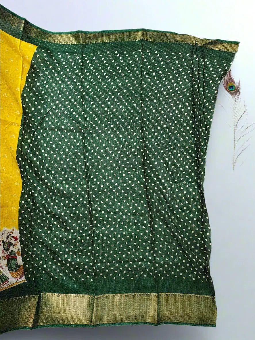 Madhubani Saree - Yellow saree with Madhubani Folk Art Print