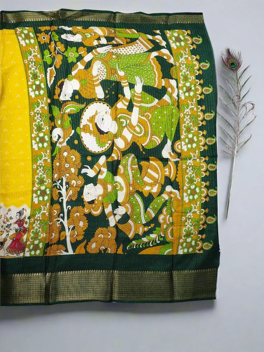 Madhubani Saree - Yellow saree with Madhubani Folk Art Print