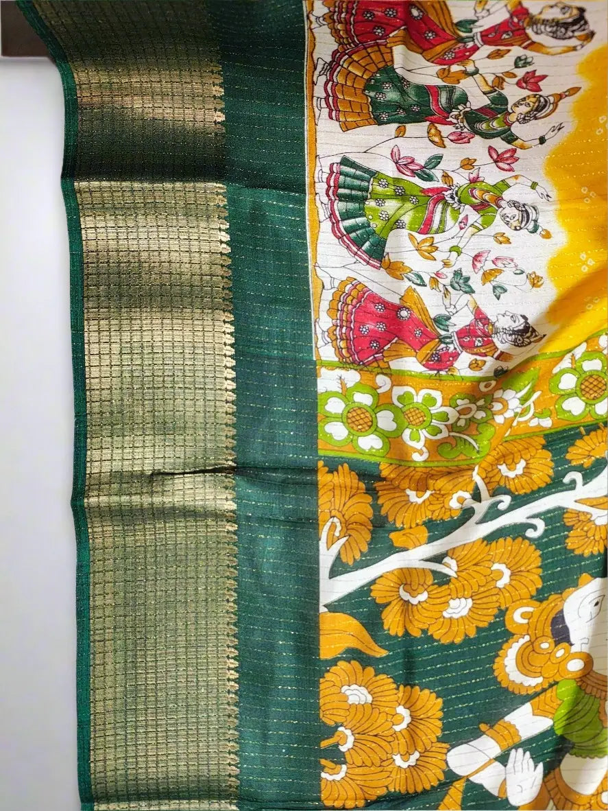 Madhubani Saree - Yellow saree with Madhubani Folk Art Print
