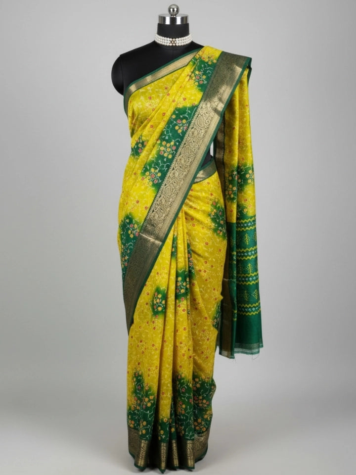 Yellow & Green Bandhani Saree with Delicate Floral Print