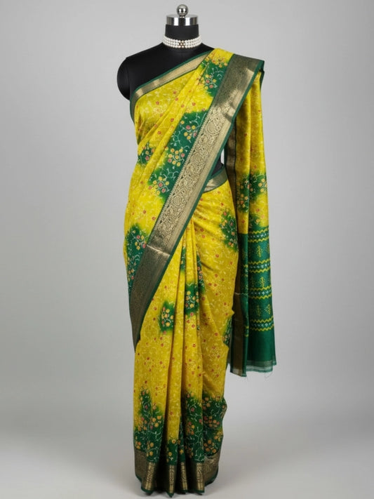 Yellow & Green Bandhani Saree with Delicate Floral Print