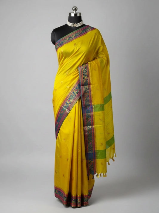 Yellow Paithani Saree with Paisley Motifs & Zari Border