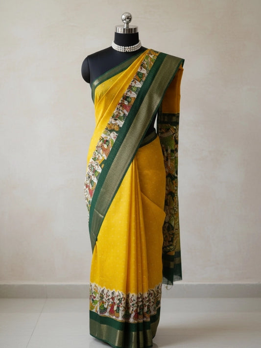 Yellow Silk Saree with Madhubani Folk Art Print