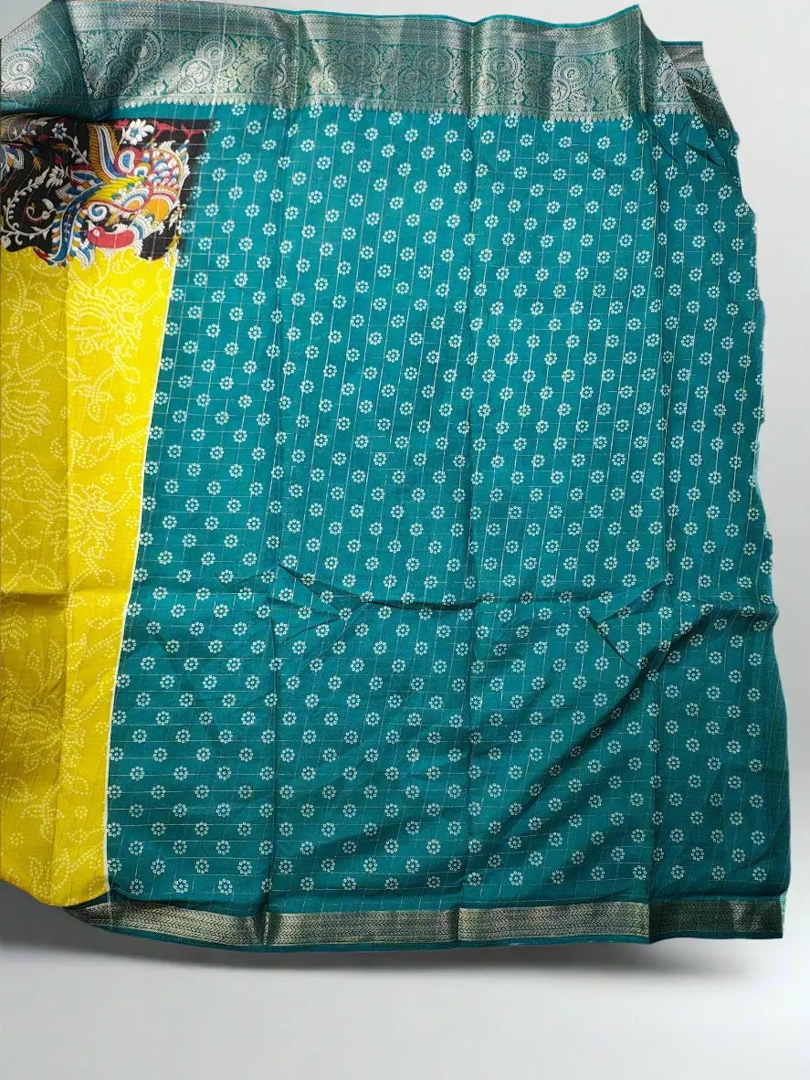Soft Silk Saree in Yellow & Teal Colour with Peackok Art
