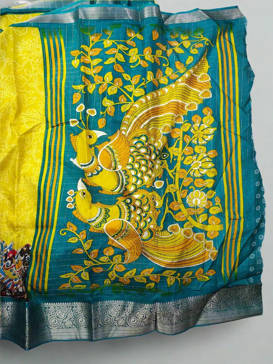 Soft Silk Saree in Yellow & Teal Colour with Peackok Art