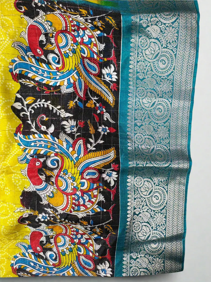 Soft Silk Saree in Yellow & Teal Colour with Peackok Art