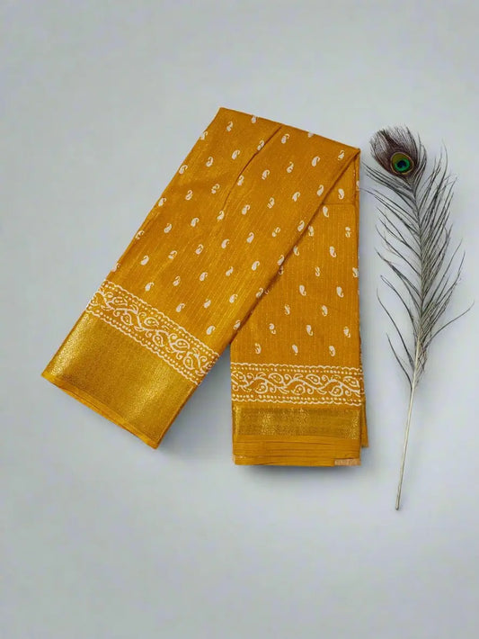 Dola Silk Saree with Kanchipuram Style Art - Mustard Yellow with Zari Border