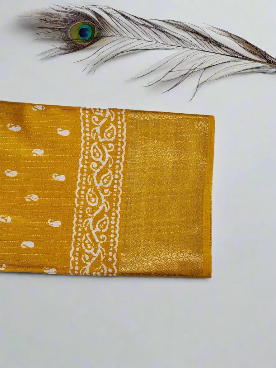 Dola Silk Saree with Kanchipuram Style Art - Mustard Yellow with Zari Border