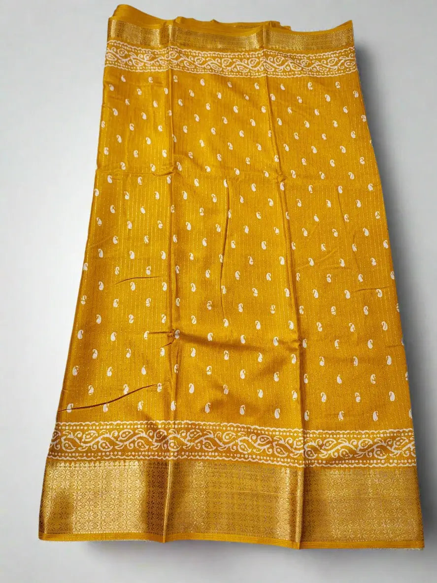 Dola Silk Saree with Kanchipuram Style Art - Mustard Yellow with Zari Border