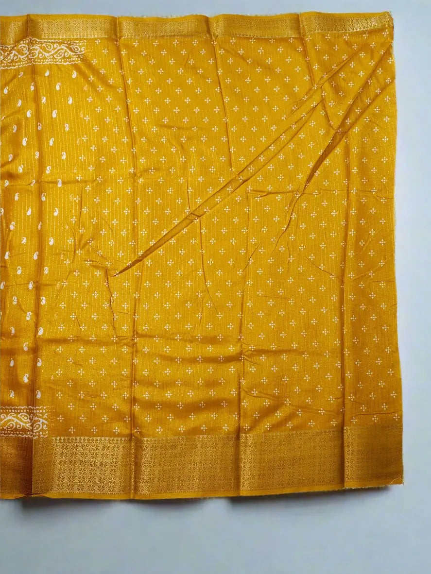 Dola Silk Saree with Kanchipuram Style Art - Mustard Yellow with Zari Border