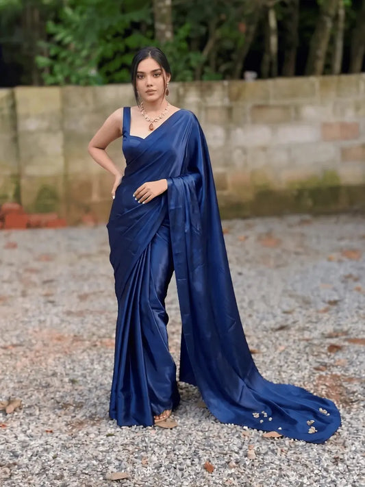 Deep Navy Chic Satin Silk Saree