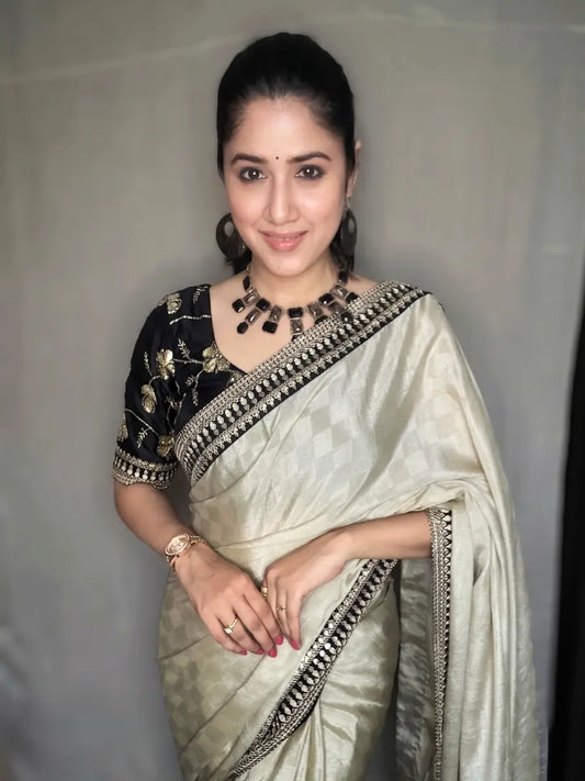 Celestial Charm Embroidered Lace Border Saree (Ivory White) with Unstitched Blouse