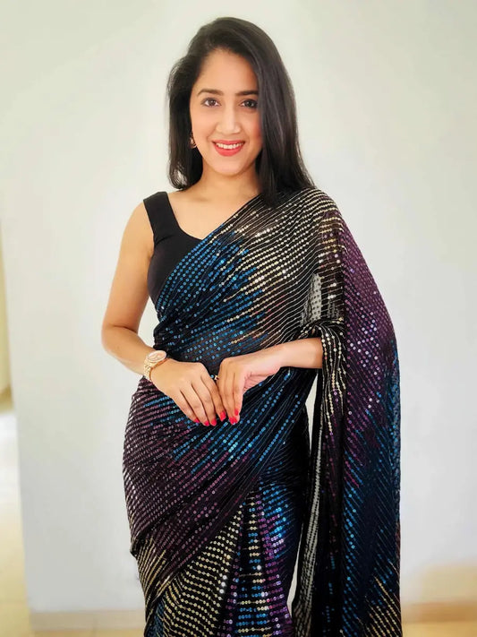 Midnight Aurora Striped Sequin Saree