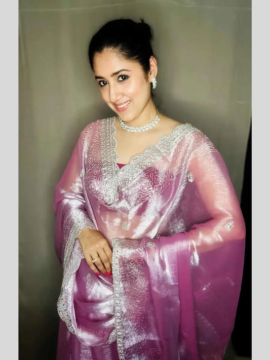 Pink Stardust Sequin Saree in Cutwork Border with Unstitched Blouse