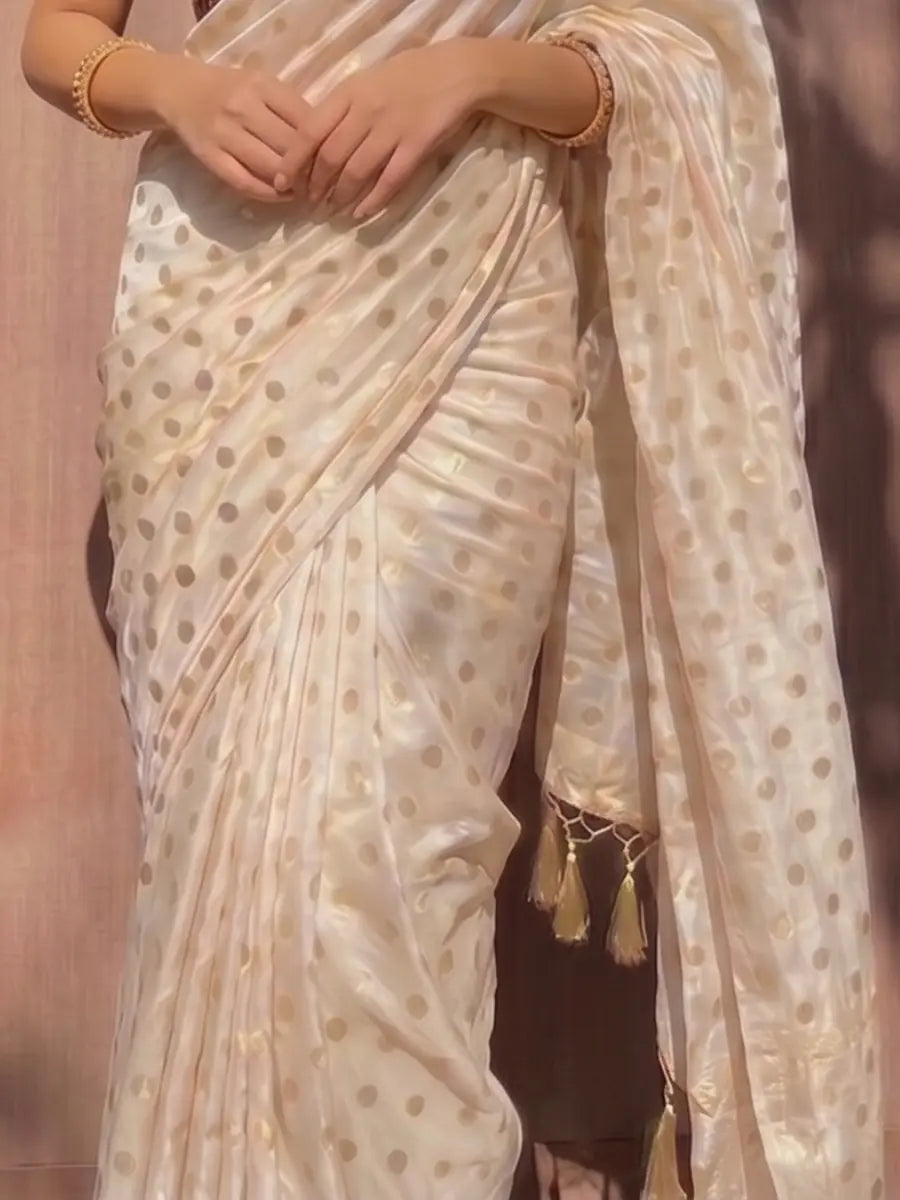 Pearl White Polka Foil Work Chiffon Saree