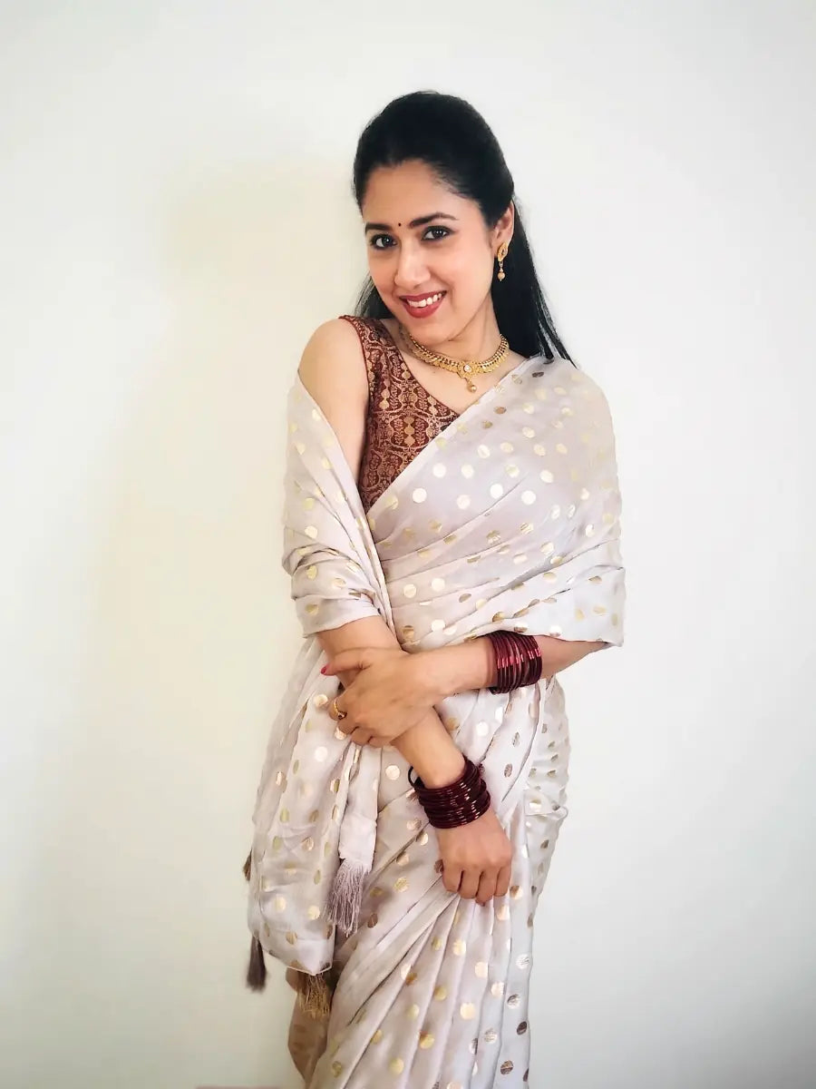 Pearl White Polka Foil Work Chiffon Saree